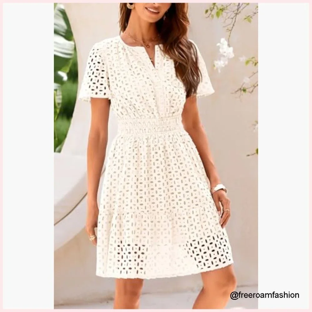 Summer A-Line V-Neck Lace Mini Dress Casual Beach Party - Picture 5 of 7